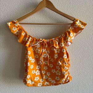 Orange Floral Print Ruffle Crop Tank